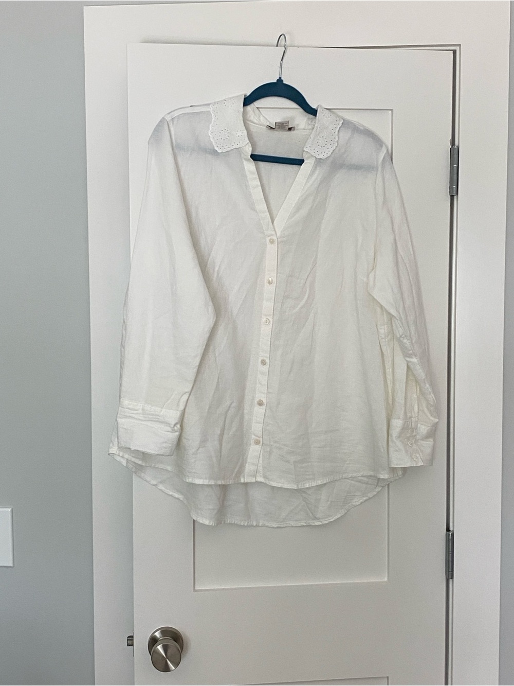 White Button-Down Blouse with Eyelet Collar